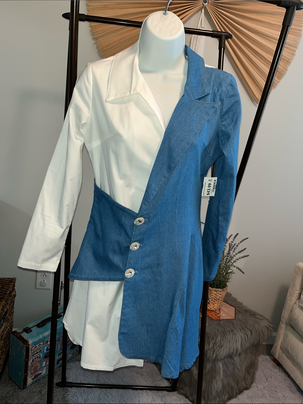 Two-Tone White & Blue Asymmetrical Mini Dress